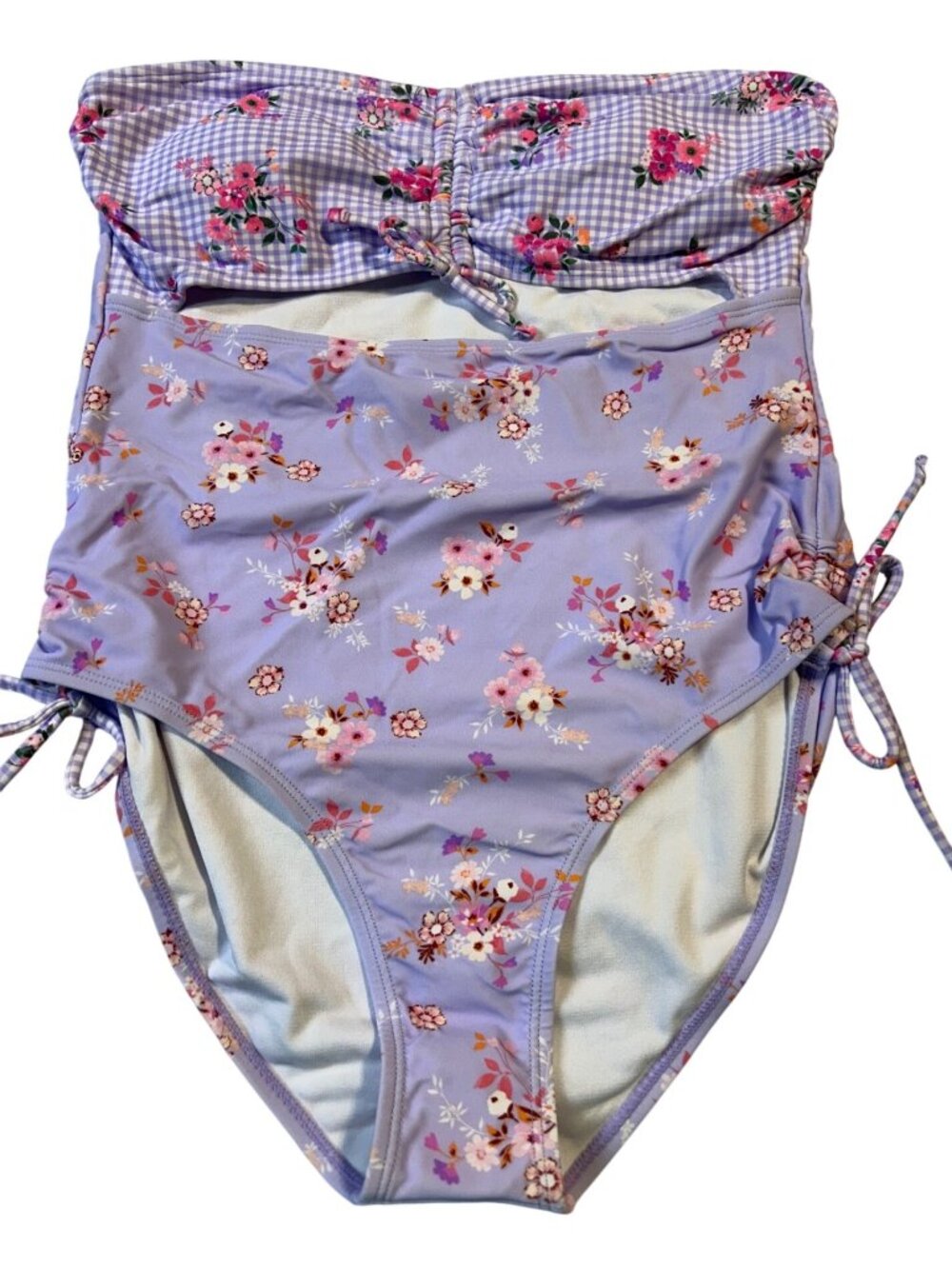 Decree Size M Purple Floral Bandeau One-Piece Swimsuit With Gingham Accents